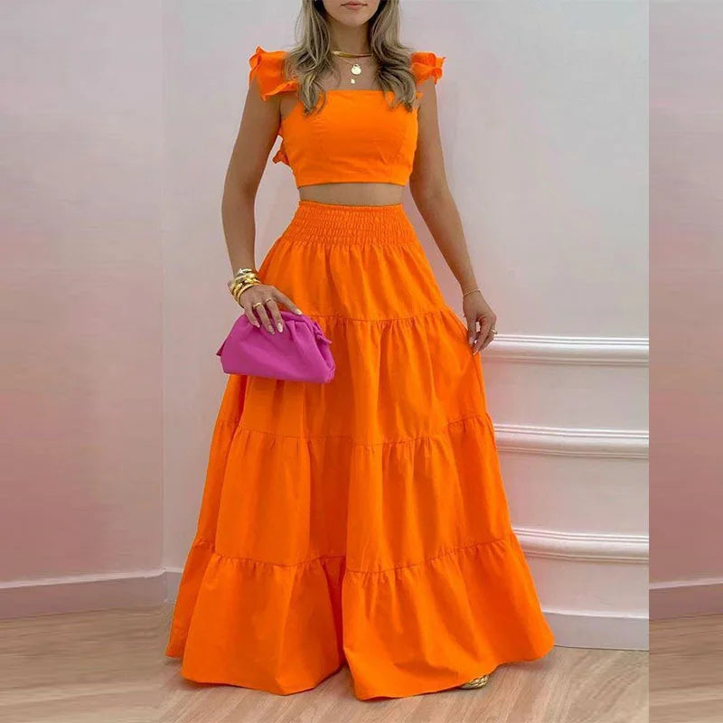 Spring Summer New Solid Color Top High Waist Pleated Skirt Elegant Ladies Two Piece Set 2024