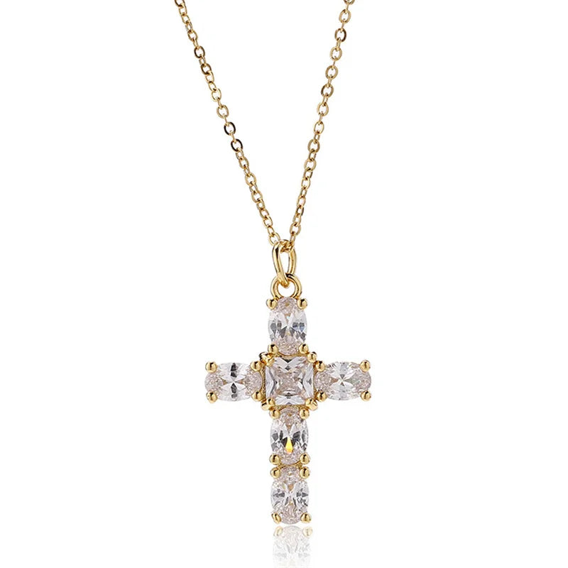 2022 Trendy Cross Jewelry 18K Gold Plated Cubic Zircon Cross Chain Necklace Christian Jewelry