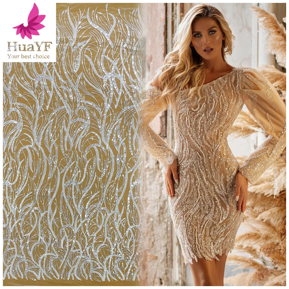 2021 Exclusive French White 3d Beaded Sequins Lace Super Shining Embroidery Wedding Bridal Lace Dress Fabric HY1476-3