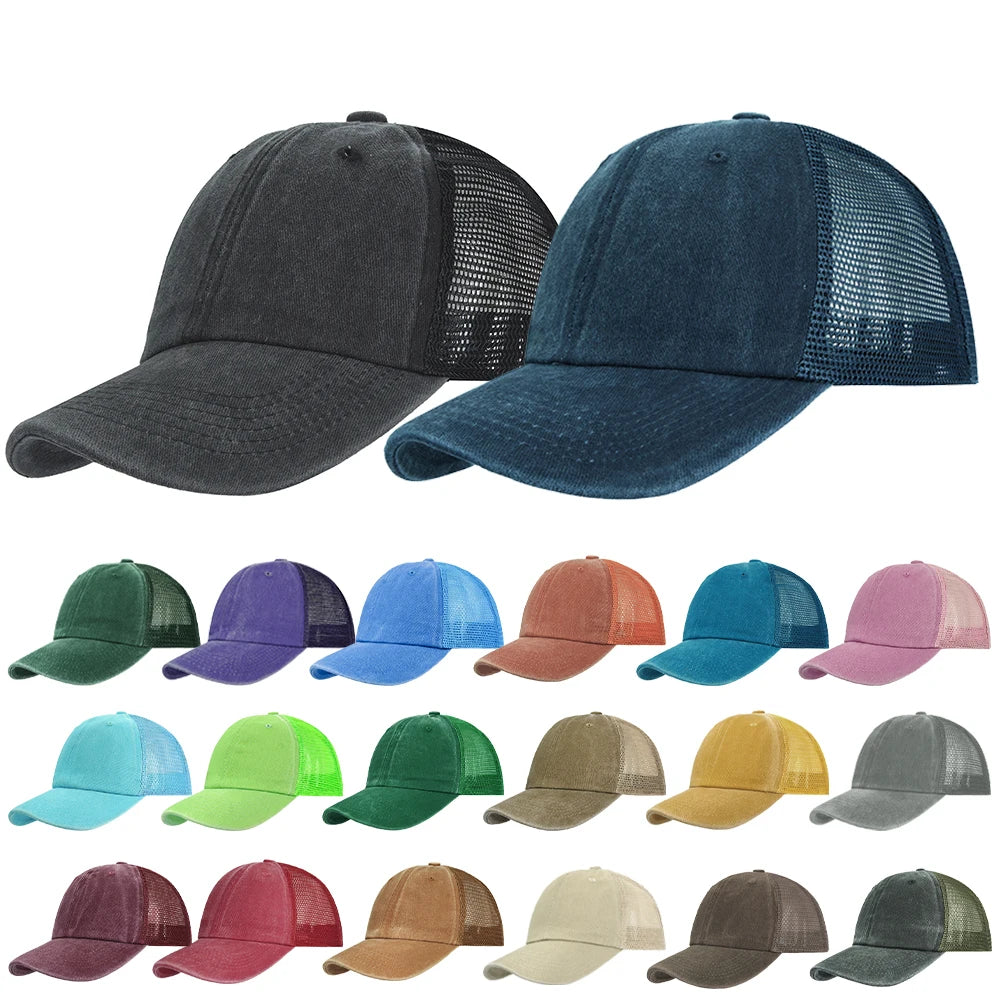 Wholesale Vintage 6-Panel Dad Hat Distressed Faded Cotton Trucker Hat with Curved Brim Washed Mesh Sport Cap