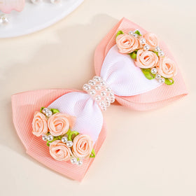 CN 4Inch Grosgrain Ribbon Hair Bow Kids Flower Pearl Hair Clip Barrette Girls Hair Accessories