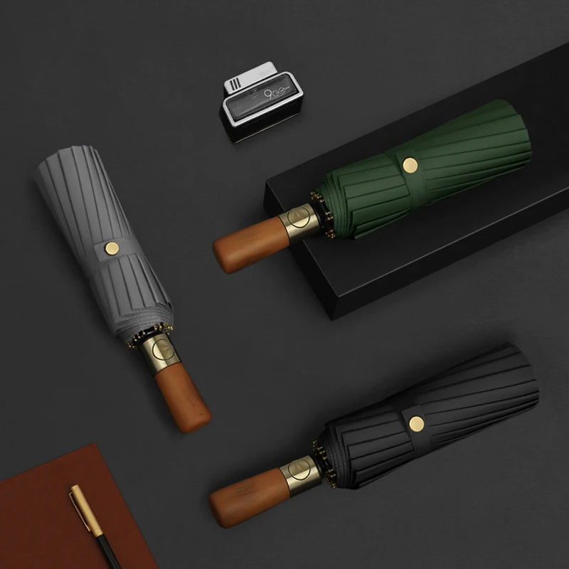 High-End Luxury 3-Folding Automatic UV Windproof Business Umbrella Golden Wooden Handle Multi-Color for Sun Rain Business Gift