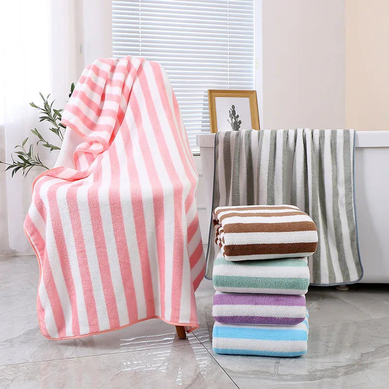 Wholesale Coral Velvet Quick Dry Soft Stripe Absorbent 70x140 CM Microfiber Bath Towel for Adult