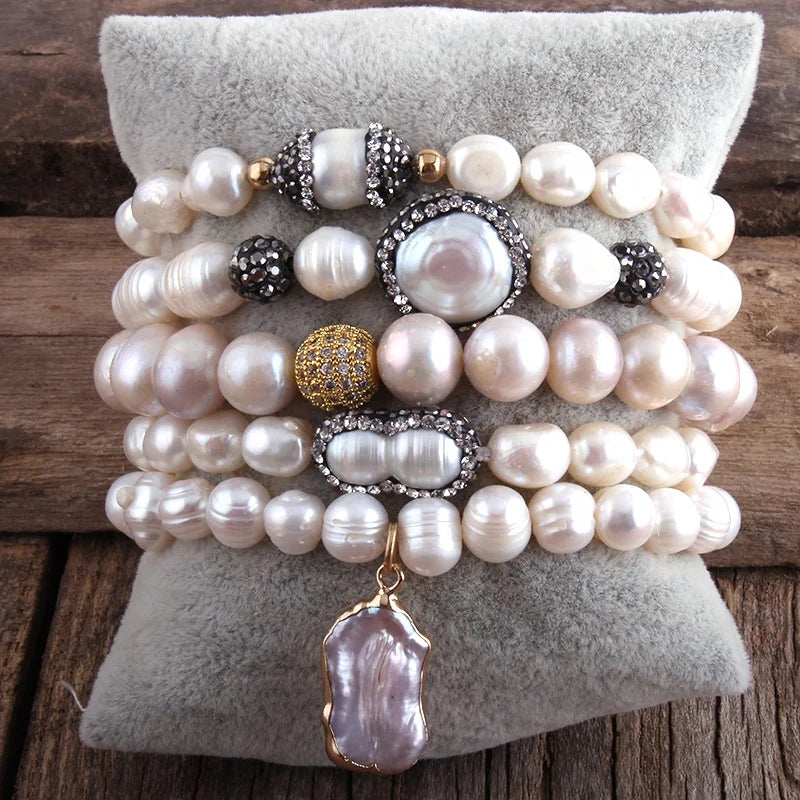 New Women Jewelry  Boho Elastic Irregular Pearl Beaded Bracelet 5pc Freshwater Pearl Strand Stack Bracelet Sets
