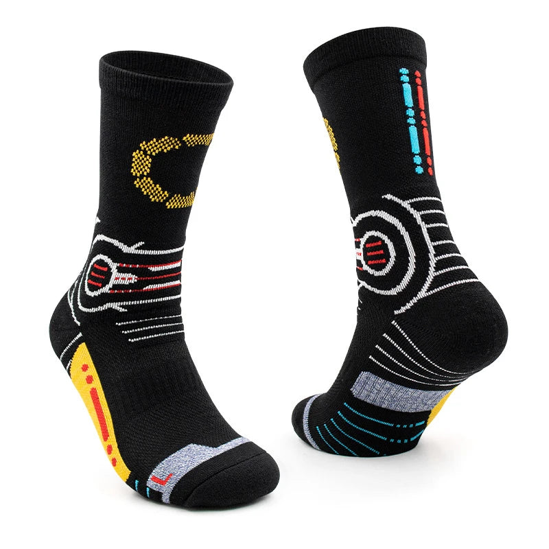 2025 New Arrival Cyberpunk Stylish Jacquard Crew Sports Socks Thick Terry Basketball Socks for Men Athletes