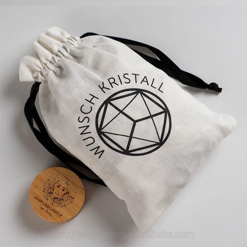 High End Custom Logo Printed Cotton Linen Drawstring Packaging Dust Bag Reusable 100% Linen Gift Candle Pouch
