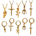 Trendy Women Men Crucifix Necklace No Tarnish Angel Wing Necklace Earring 18k Gold Stainless Steel Rose Earrings Sword Jewelry