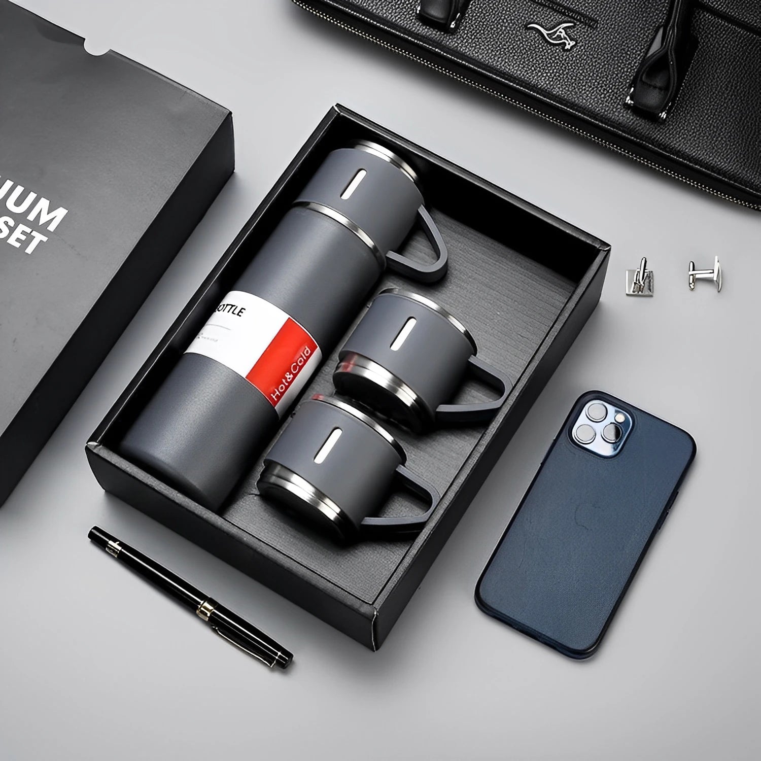 Business Gift Set Double-Layer Stainless Steel Water Bottle & Coffee Cup 304 Vacuum Flask for Gym & Travel