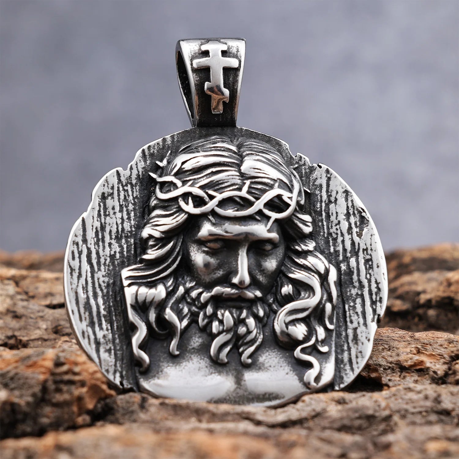 Rock Roll Stainless Steel Vintage Mens Christ Jesus Head Pendant Crown of Thorn Crucifix Pendant Necklace