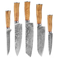 Luxurious 5-Piece Damascus Steel Kitchen Knife Set 67-Layer VG10 Chef Kiritsuke Santoku Boning Utility Knife with Olive Handle