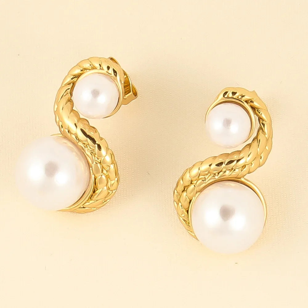 Wholesale Luxury 18k Gold-plated Stainless Steel Pearl Earrings Irregular Snake Shaped Anti Allergic Fashionable Women's Jewelry