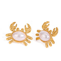 J&D Gold Plated Stainless Steel Stud Earrings Ocean Hammered Crab Glass Pearl Trendy Holiday Beach Waterproof for Gift