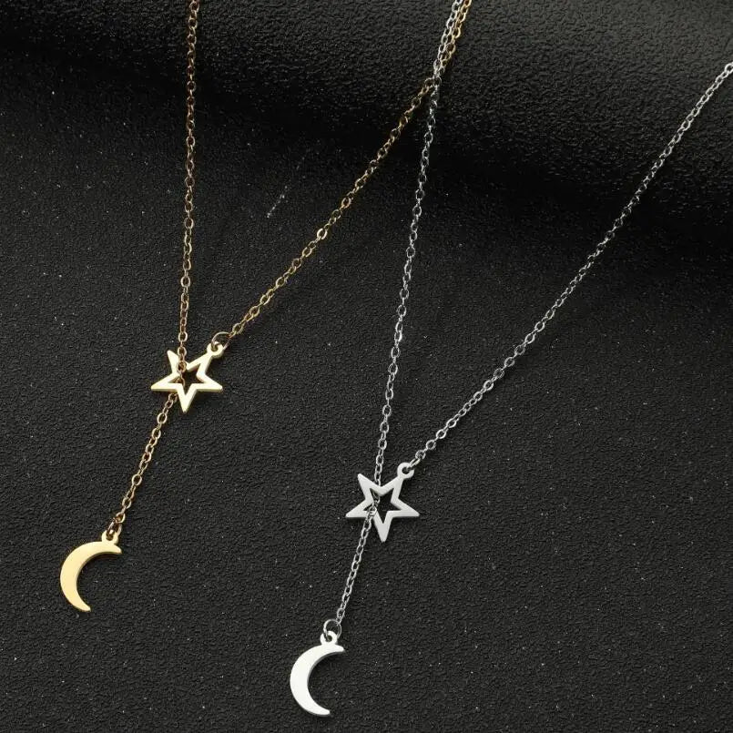 Fashion Stainless Steel Pendant Multi-layer Style Moon and Star Beaded Chain Necklace for Women Jewelry Party Friend Gifts
