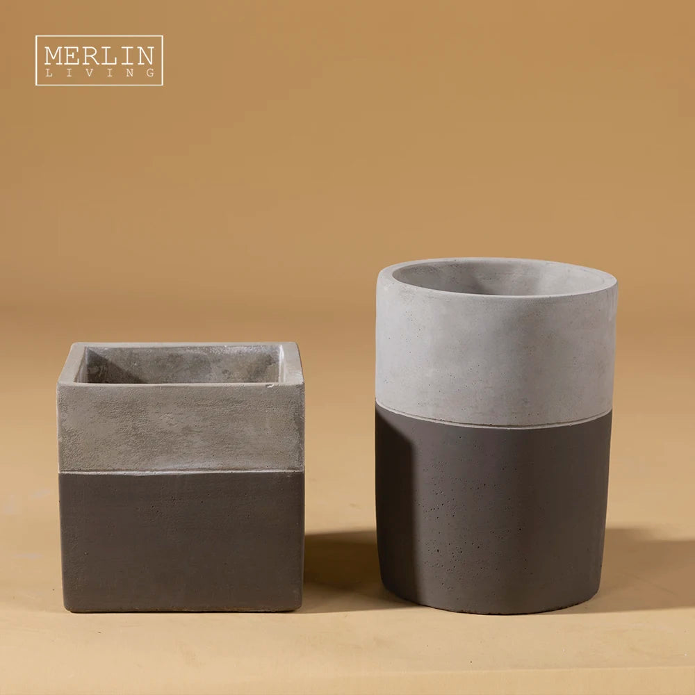 Merlin Living Two-Color Splicing Cement Pot Gray Rustic Matte Ceramic Flower Pot Artificial Flower for Home Decor Garden