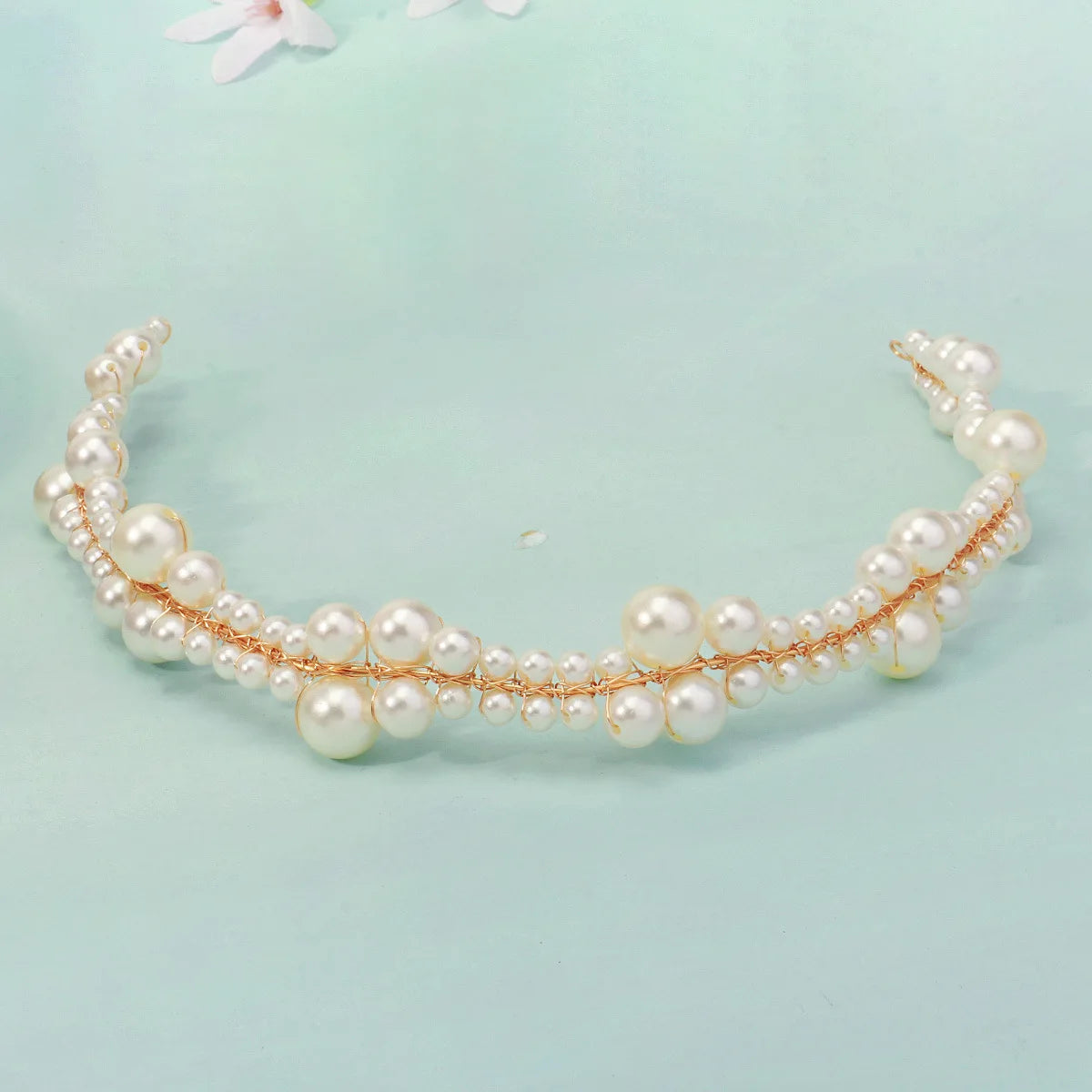 SLBRIDAL Golden Handmade Wired Multi Pearls Bridal Tiara Headband Hair Comb Hair Pin Set Wedding Hair Accessories Women Jewelry