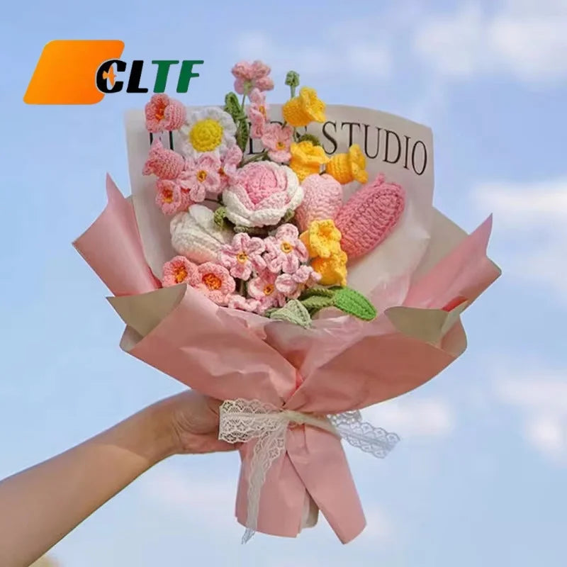 Wholesale Artificial Flowers for Girlfriend Handmade Knitted Rose Lily Sunflower Bouquet For Birthday Christmas Novelty Gifts