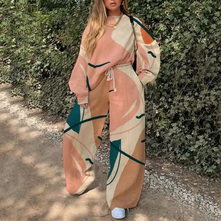 2021 Women's Autumn and Winter New Printed Sweater Pants Long Casual Suit Fashion Trend Suit