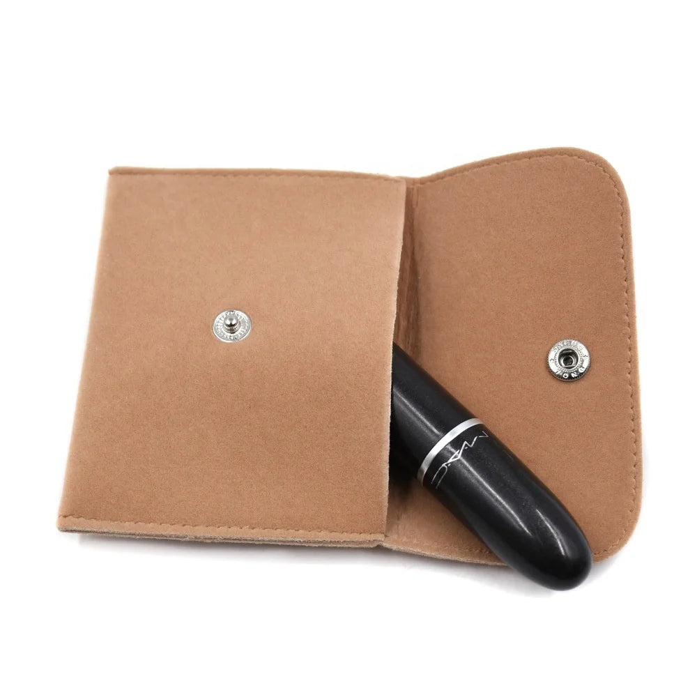 CSMD Chinese Manufacturers Personal Label Embossing Envelop Velvet Material Brown Color Lipsticks Packaging Bag With Snap Button