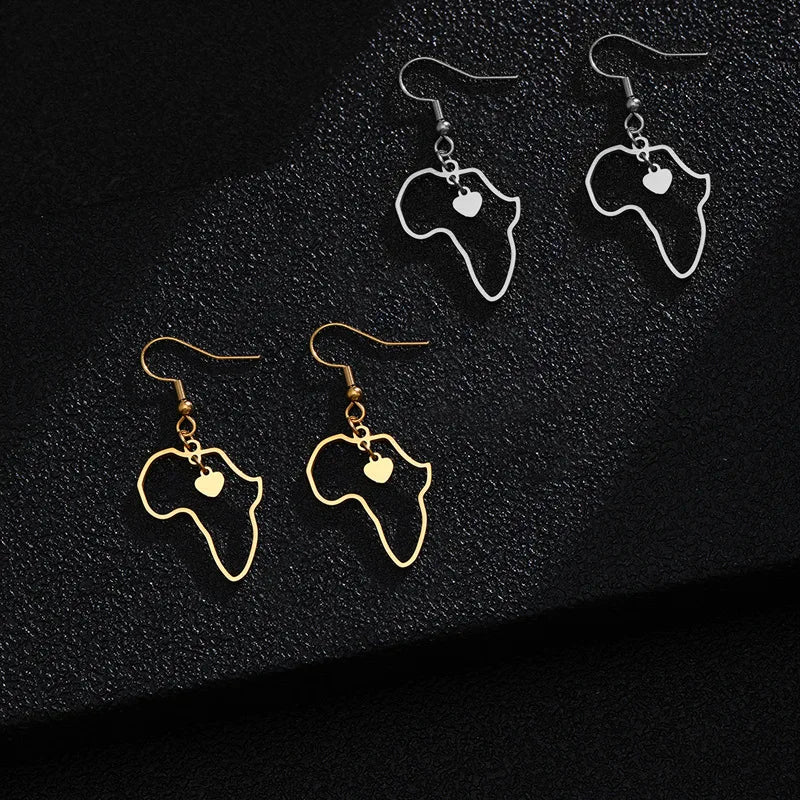 Custom Fashion Stainless Steel 18K Gold Plated Africa Map Outline Heart Pendant Earrings for Men Women Afro Wire Stud Earrings