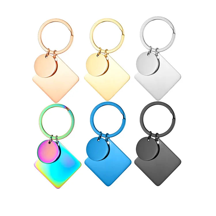 DIY Blank Keychains Rose Gold Stainless Steel Tags 25 mm square 20 mm Round Rhombus Key Chain