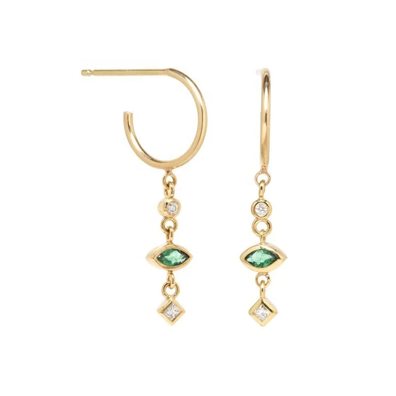 Gemnel Trendy 925 Silver 18k Gold Dangling Mixed Diamond Emerald Zircon Thin Huggie Stud Earring