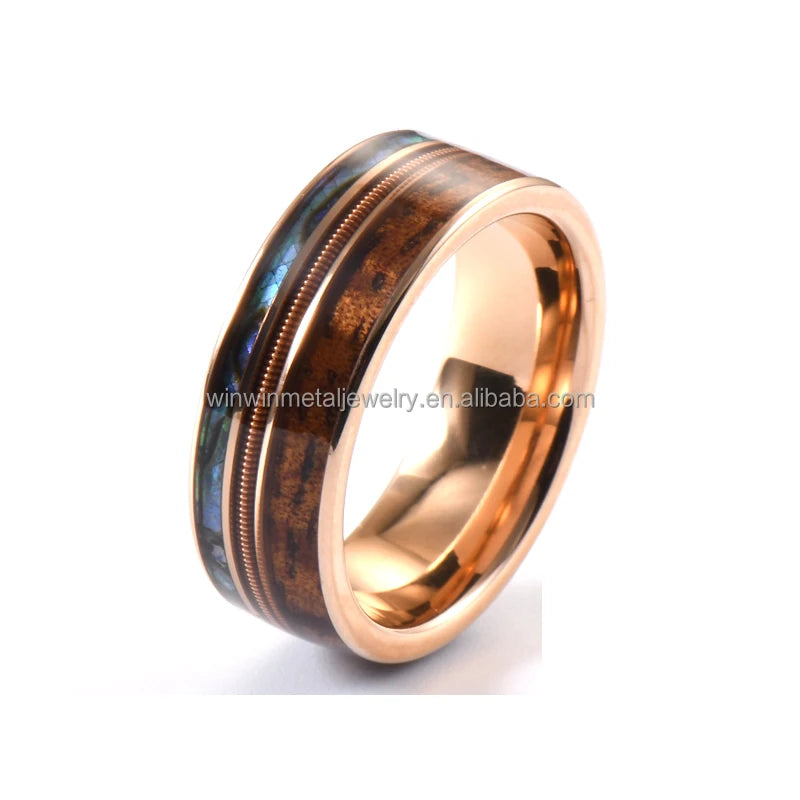 8mm Tungsten Carbide Wedding Engagement Ring Men Women Children Rose Gold Guitar String Koa Wood Abalone Shell Inlay Religious