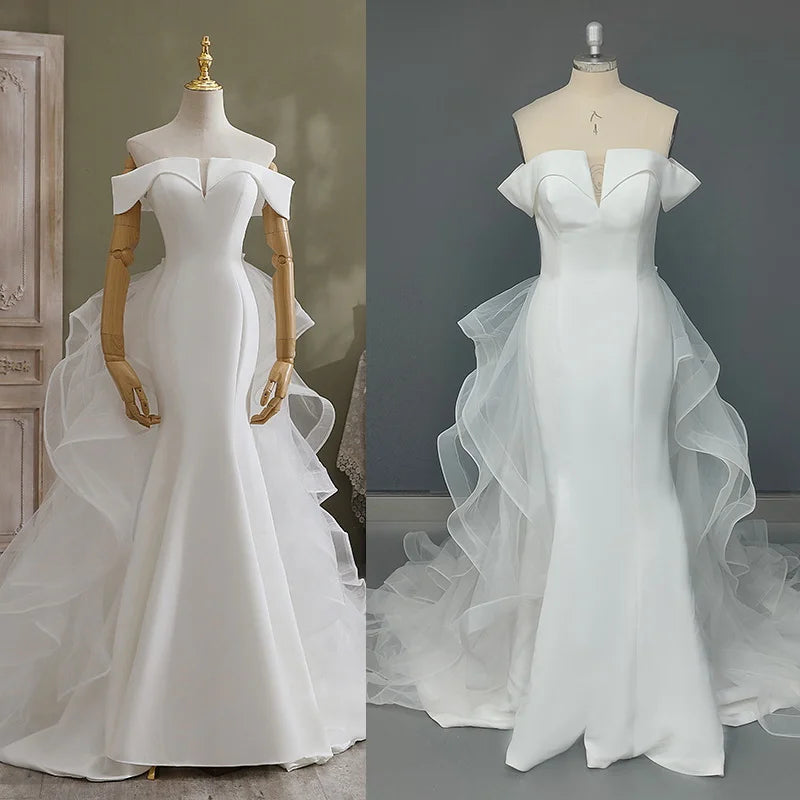 10295#Real Photos Off-Shoulder Sweetheart Corset Back Mermaid Tulle Ruffle Detachable Train Wedding Dress Wedding Bridal Gown