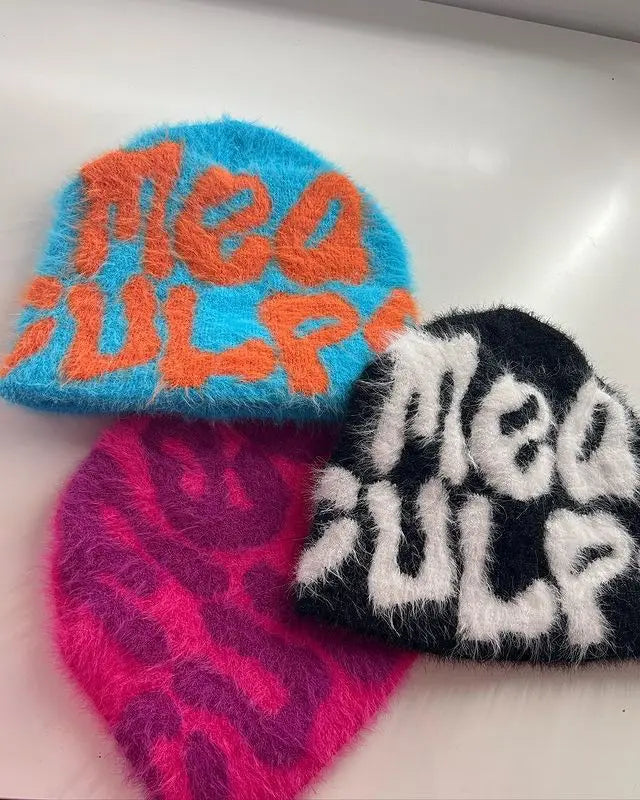 Custom Jacquard Logo Knit Winter High End Imitation Mink Fur Velvet Fluffy Beanie Warm Fuzzy Knit Imitation Mohair Beanie