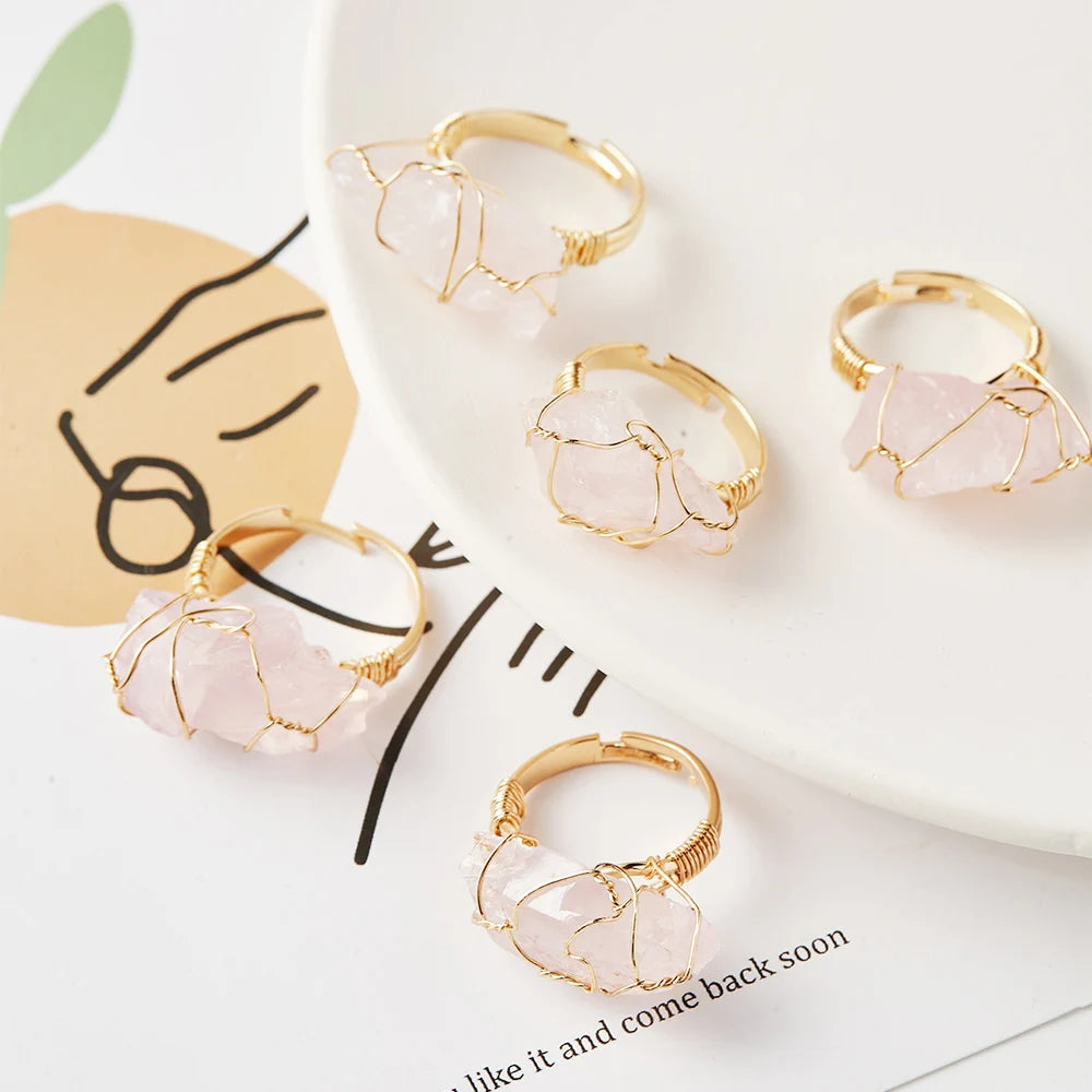 Gold Jewelry Wrap Adjustable Gemstone Healing Crystal Rings Rough Raw Stone Rose Quartz Amethyst Aquamarine Brass Rings