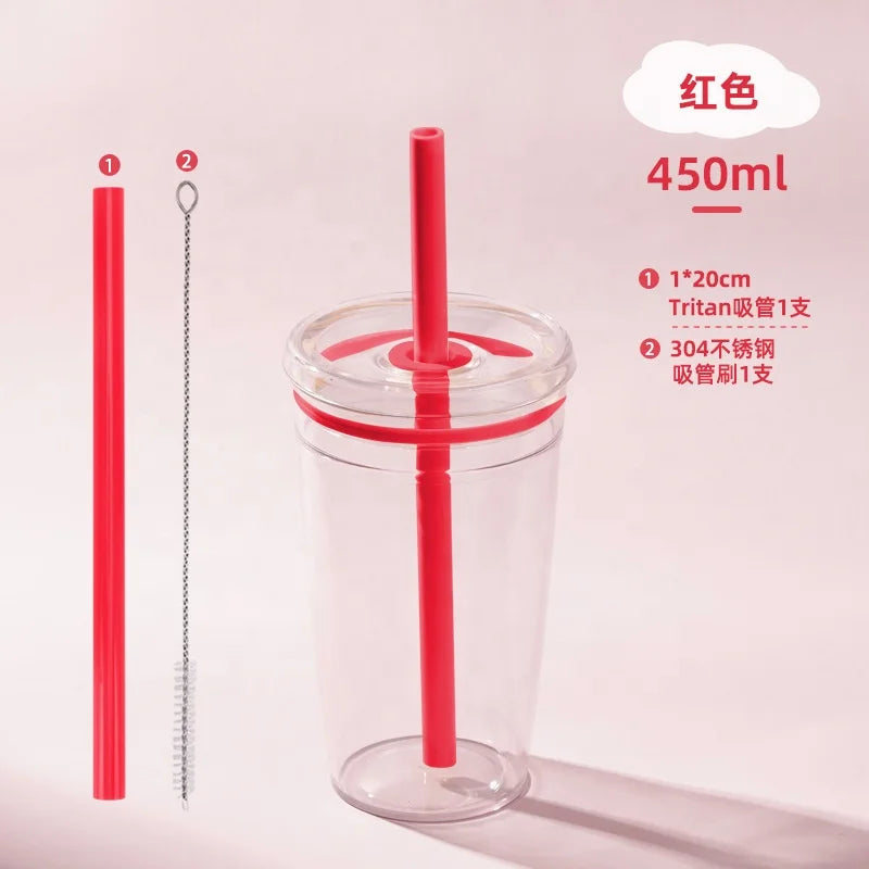 Single-Wall Tritan Tumbler 450ml with Straw and Lid for Beverage Transparency