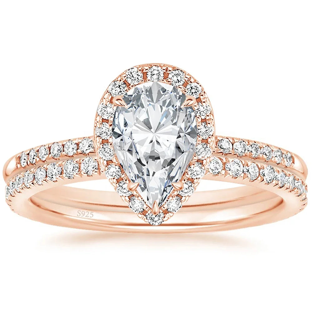 OAHLAN Wholesale Women Rings Jewelry 1.5CT 925 Sterling Silver Wedding Band Teardrop Bridal Rings Sets CZ Engagement Ring