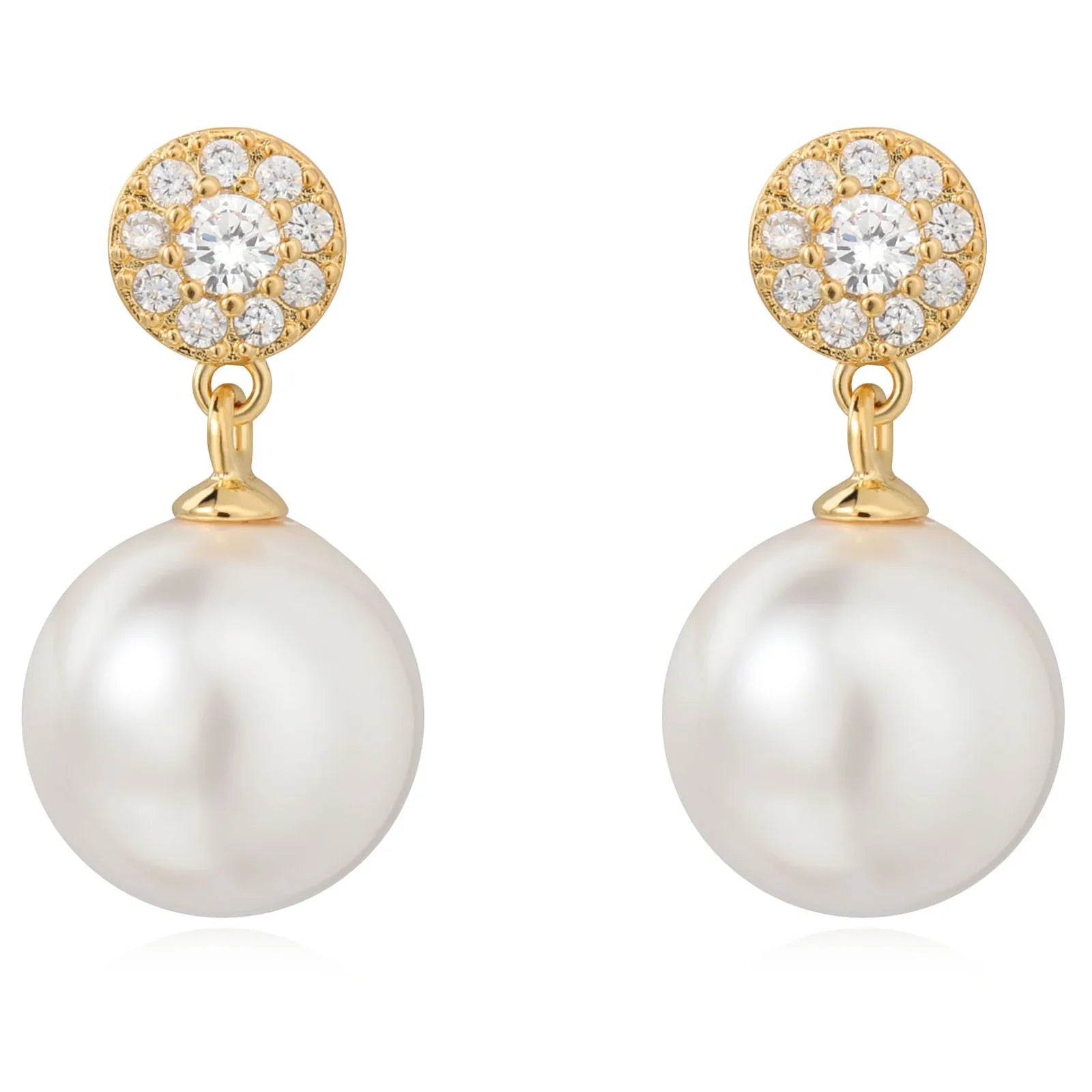 Hot Senior Brass Gold Inlaid Zircon 10mm Bright White Pearl Pendant Earrings Women Jewelry Gifts Wholesale