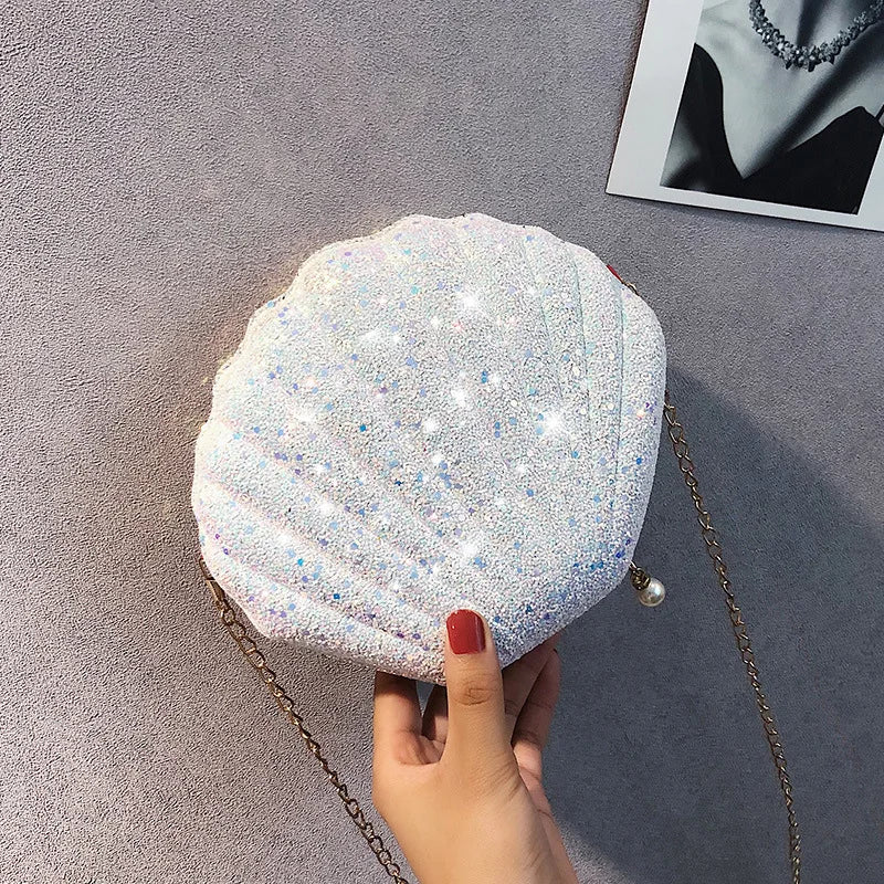 Korean Style All-Match Fairy Fashion Mini Crossbody Bag New Shiny Shell Chain with Pearl Decoration and Polyester Lining