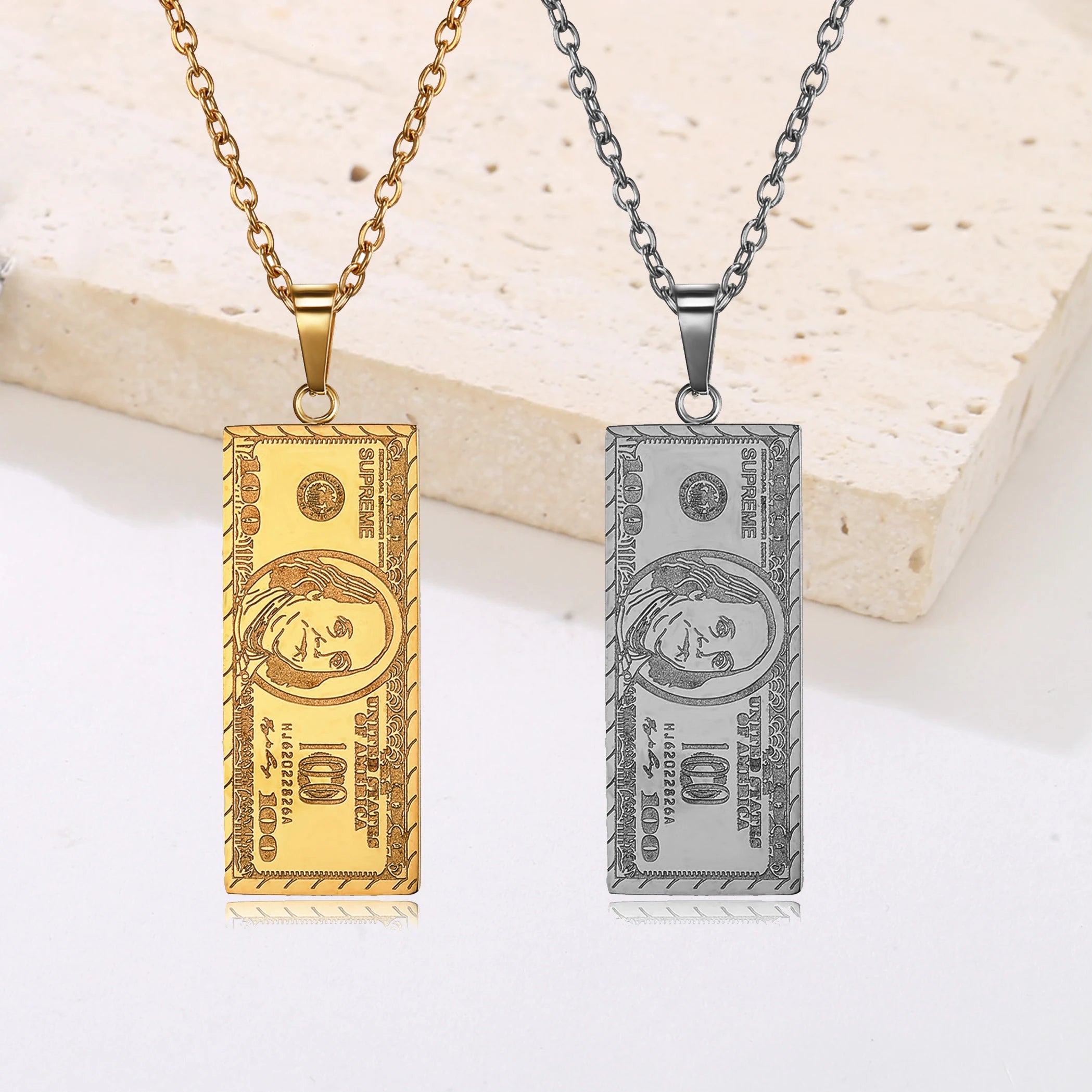 Street Wear Hiphops Stainless Steel Dollar Bill Pendant Necklace Gold Plated US Dollar Money Necklaces for Men Women