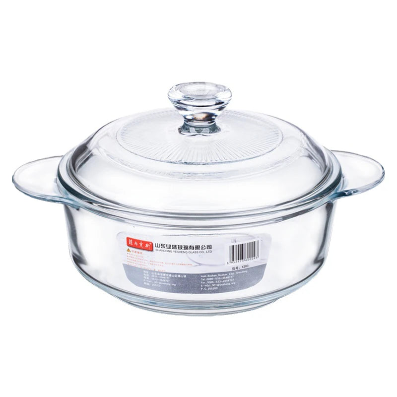 Hxglass Microwave Safe Oven Safe Tempered Glass Pan 1.7L Clear Heat Resistant Glass Baking Pot with Lid Handle