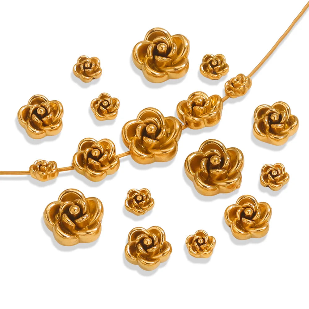 Gold Plated Brass Loose Beads Stainless Steel 3D Rose Beads Handmade Flower Spacer Beads
