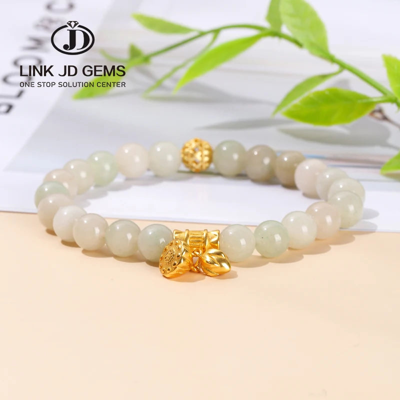 JD Women's Classic Gold Plated Natural Stone Light Green Jade Lotus Seed Pendant Beaded Bracelet for Party & Gift