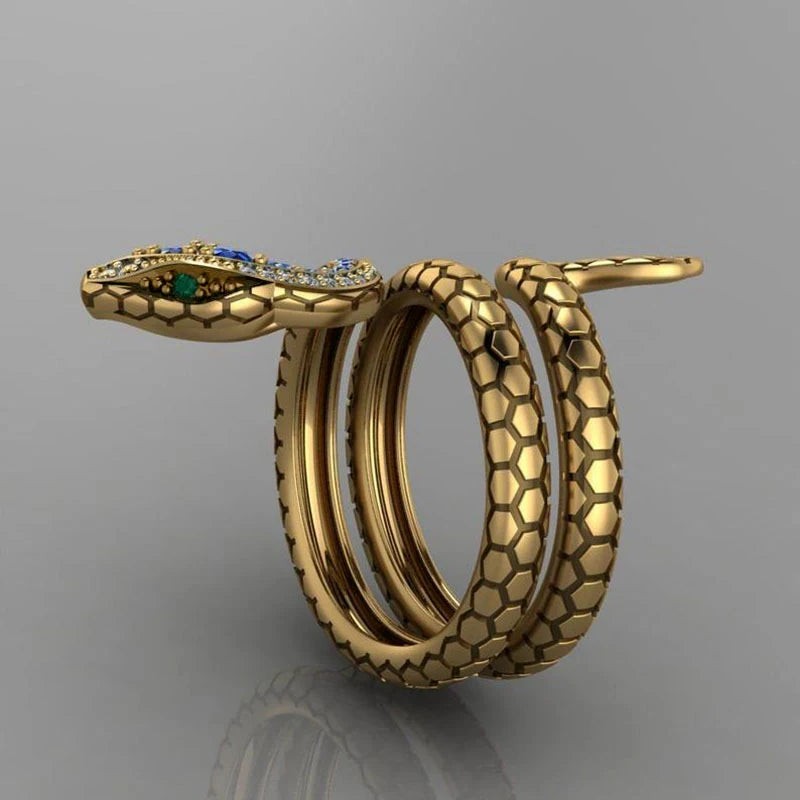 Hip Hop Style Gold Plated Exaggerated Big Copper Gemstone Snake Shaped Rings Jewelry for Women Ladies