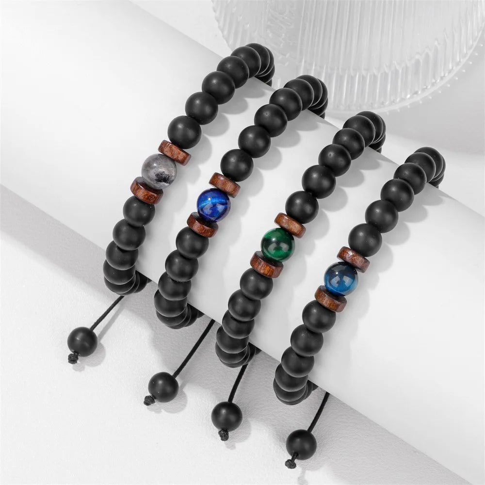 Adjustable Turquoise Customize Beaded Bracelet Vintage Wooden Tiger Eye Stone Beads Rope Bracelet for Men
