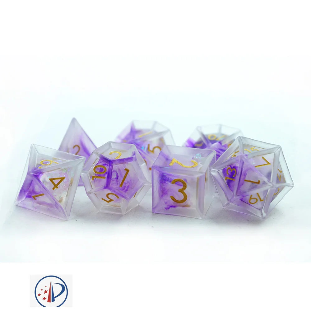 Yushun New Design Proprietary Technology 7pcs Polyhedral DND Dice Set Purple Resin with Unique Shape Gold Number