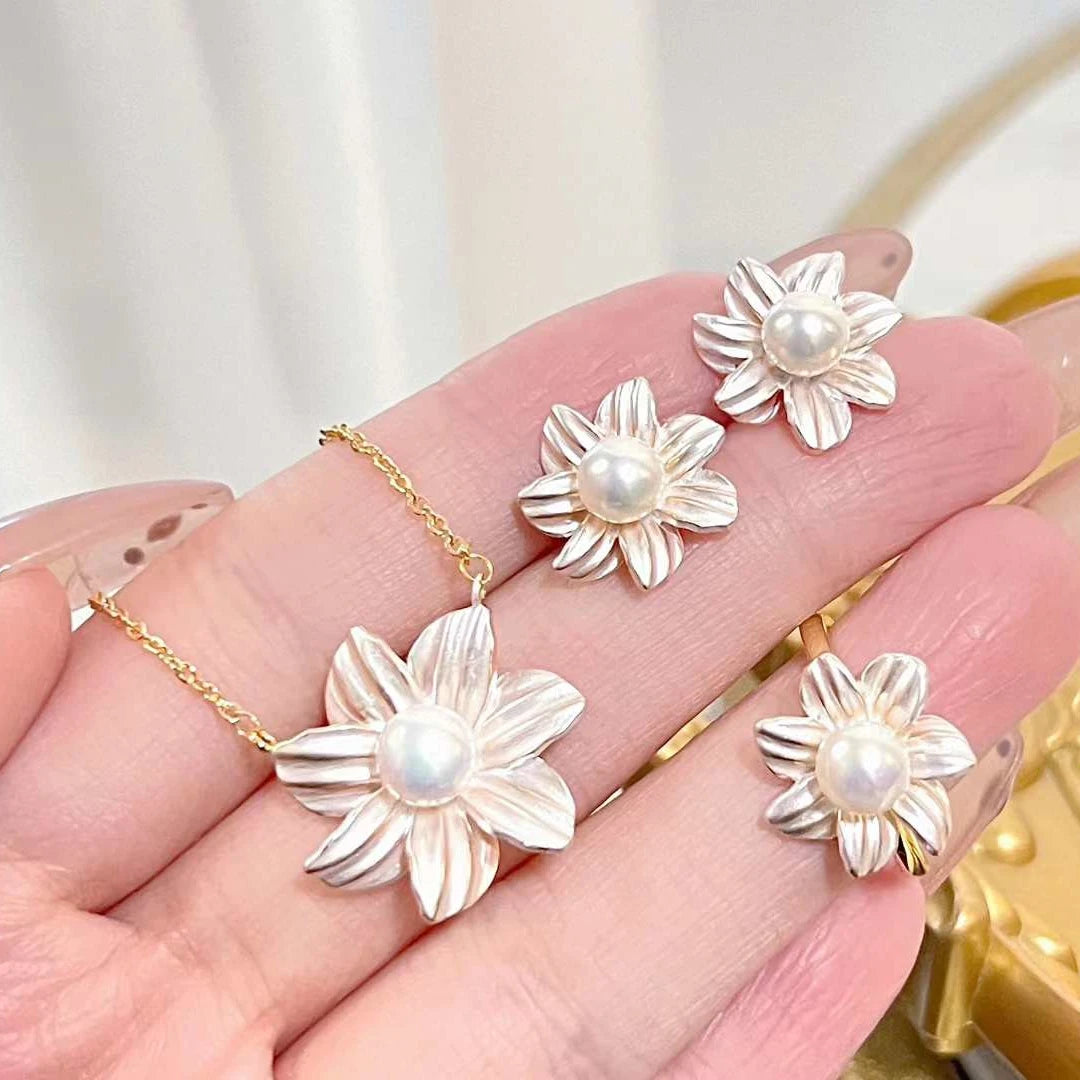 3D Oil Dropping Process Purple Flower Set Natural Freshwater Pearl Necklace Ring Earring Set Pearl Jewelry Three Piece Set