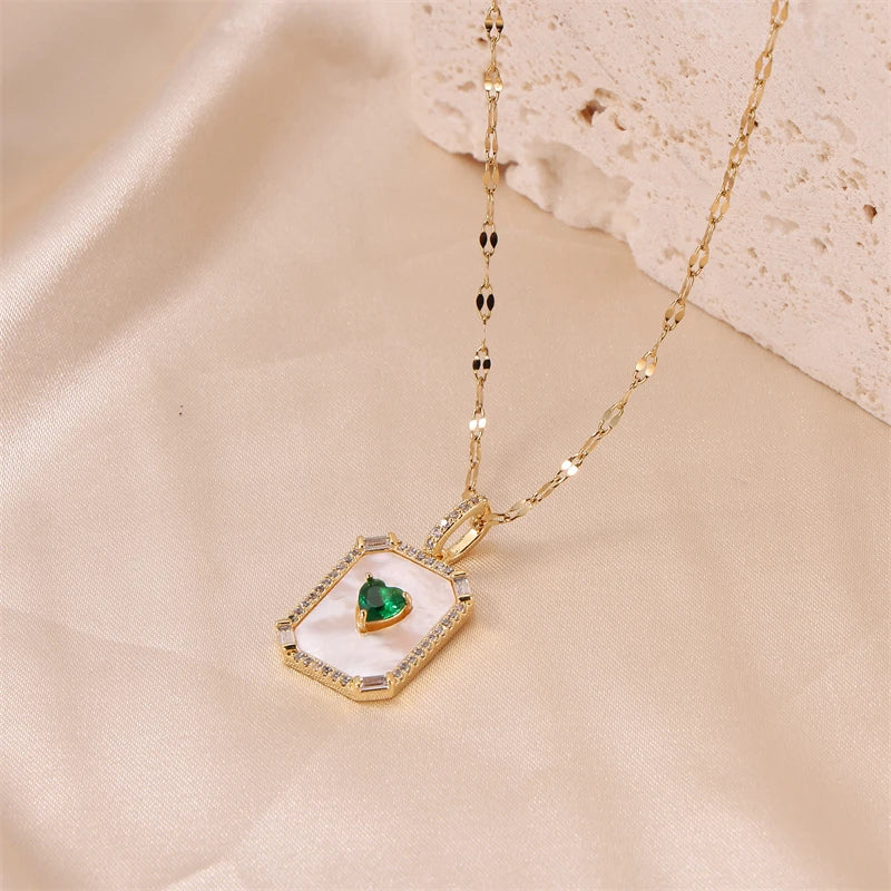 Fashion Gold Plated Stainless Steel Crystal Square Shell Green Heart Pendant Necklace for Women Girls Wedding Jewelry