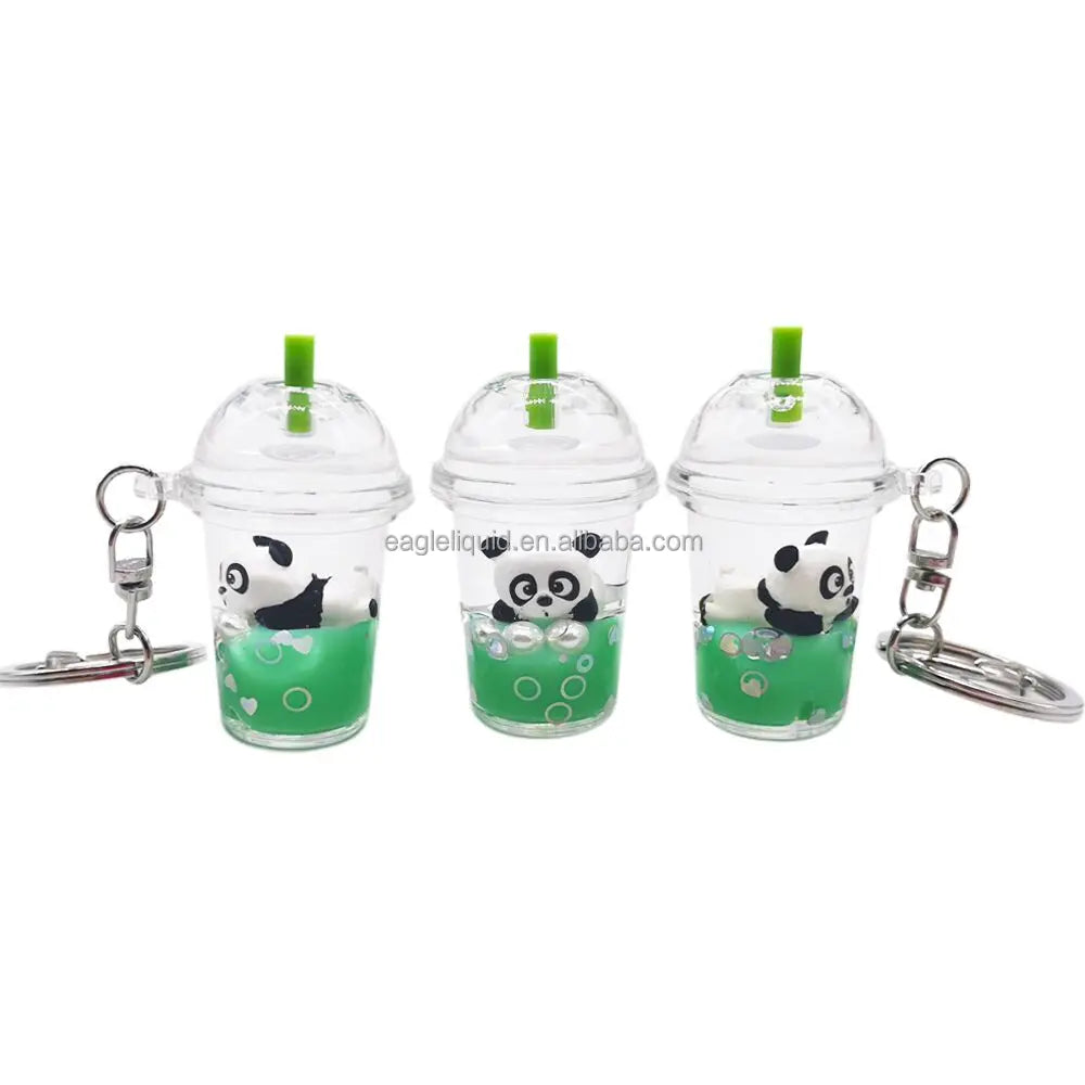 INS Girl Into Panda Floating Quicksand Liquid Milk Tea Cup Keychain Keyring Bag Pendant with Panda