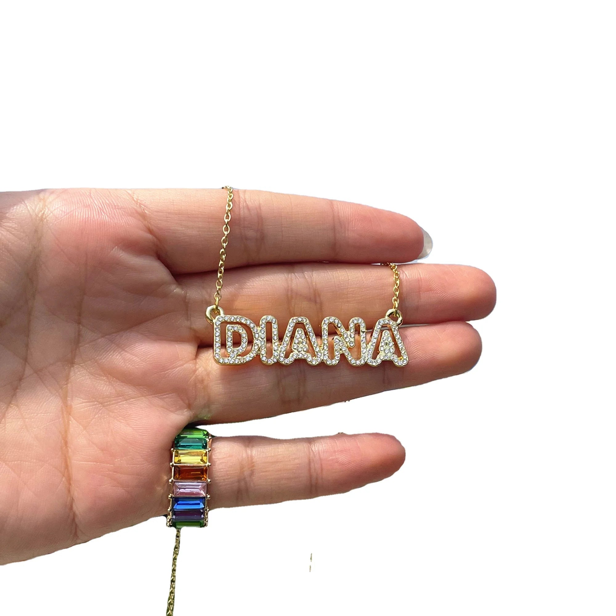 Qiuhan OEM Zircon Personalized Customized Name Necklace Women Gift 3D Hollow Name Pendant Necklace