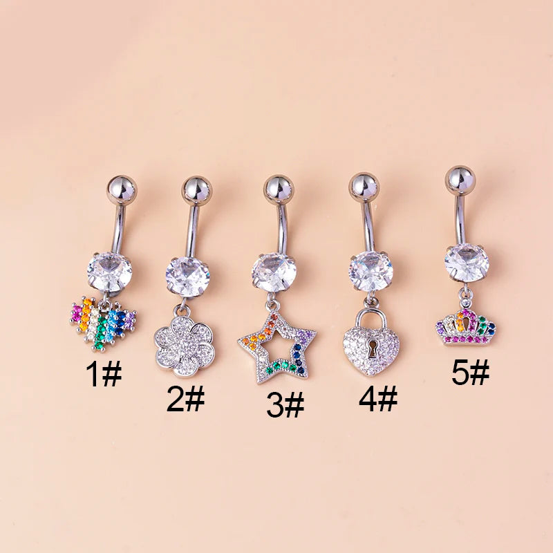 1.6X10mm External Stainless Steel Women's Belly Button Rings Colorful Star Heart Zircon Dangle Navel Earrings Wedding