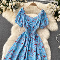 Women Floral Dress Bohemian A-Line Slash Neck Short Sleeves Dress Summer Vintage Beach off Shoulder Polka Dot Sundress