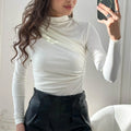 Enyami Autumn Spring French Simple Office Leisure Long Sleeves Ruched Knitted Skinny Top Shirts Ladies Women Blouses