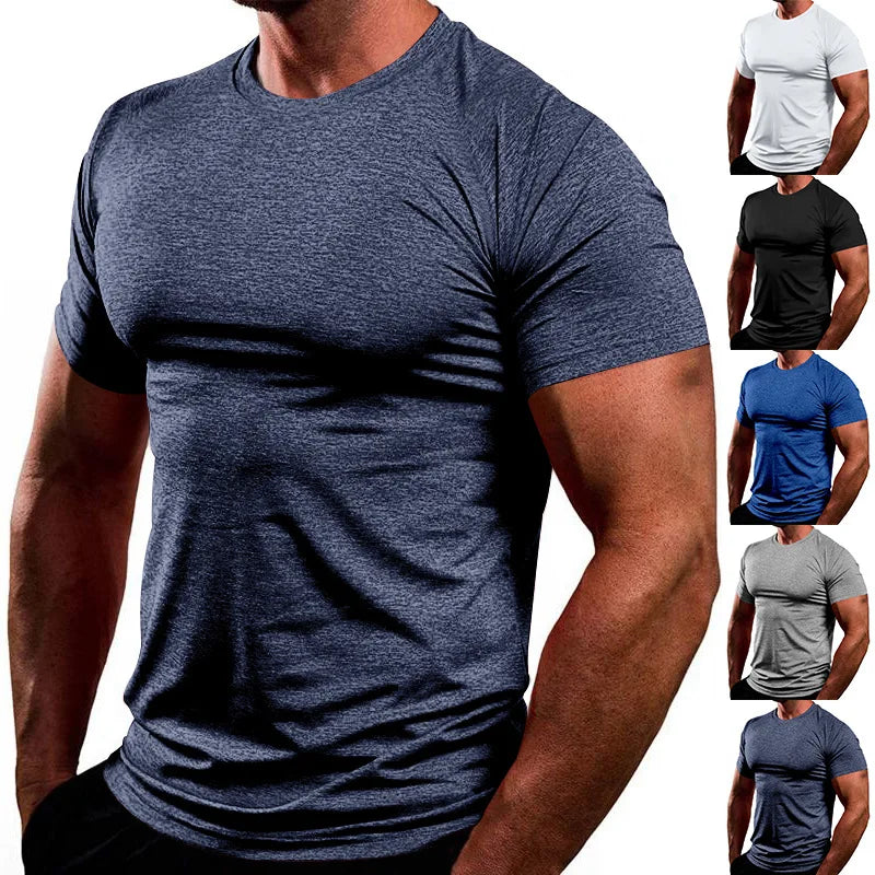Men's Summer Gym Shirts 180g Spandex/Polyester Knitted Fabric Anti-Wrinkle Breathable Quick-Drying Short-Sleeved Casual Sports
