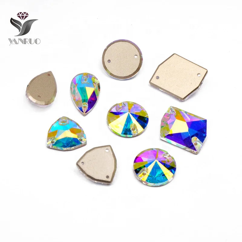 Yanruo AB Color Sew on Glass Crystal Sewing  Rhinestone Crystal Flat Back Rhinestone for Dresses