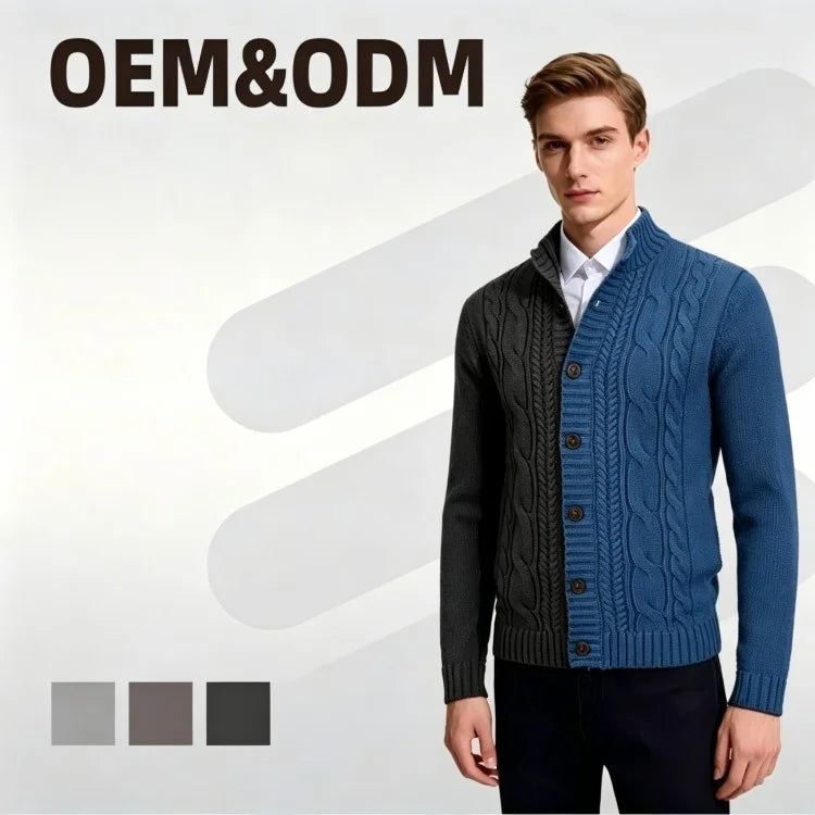 Custom New Arrival Autumn Winter Men's Long Sleeve Knitted Stand Collar Sweater Coat Cardigan